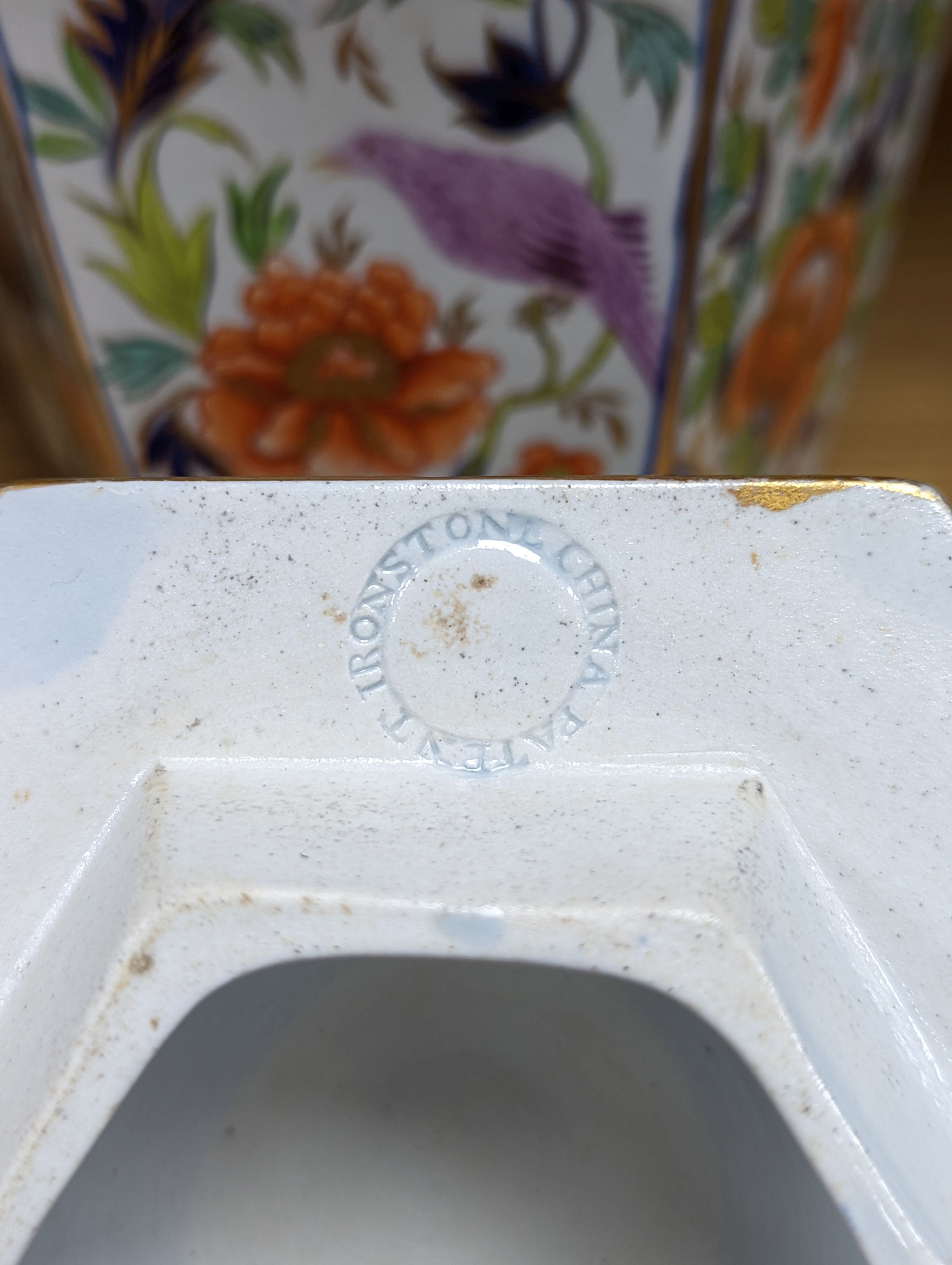 A pair of early 19th century Masons hexagonal ironstone jars and covers 24cm, impressed mark ‘Patent Ironstone China’ to covers only